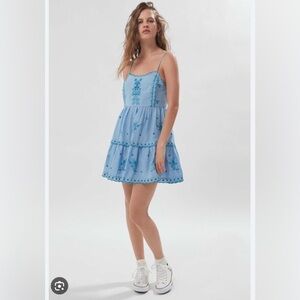 Urban Outfitters Uo Hanna Embroidered Scalloped Babydoll Mini Dress